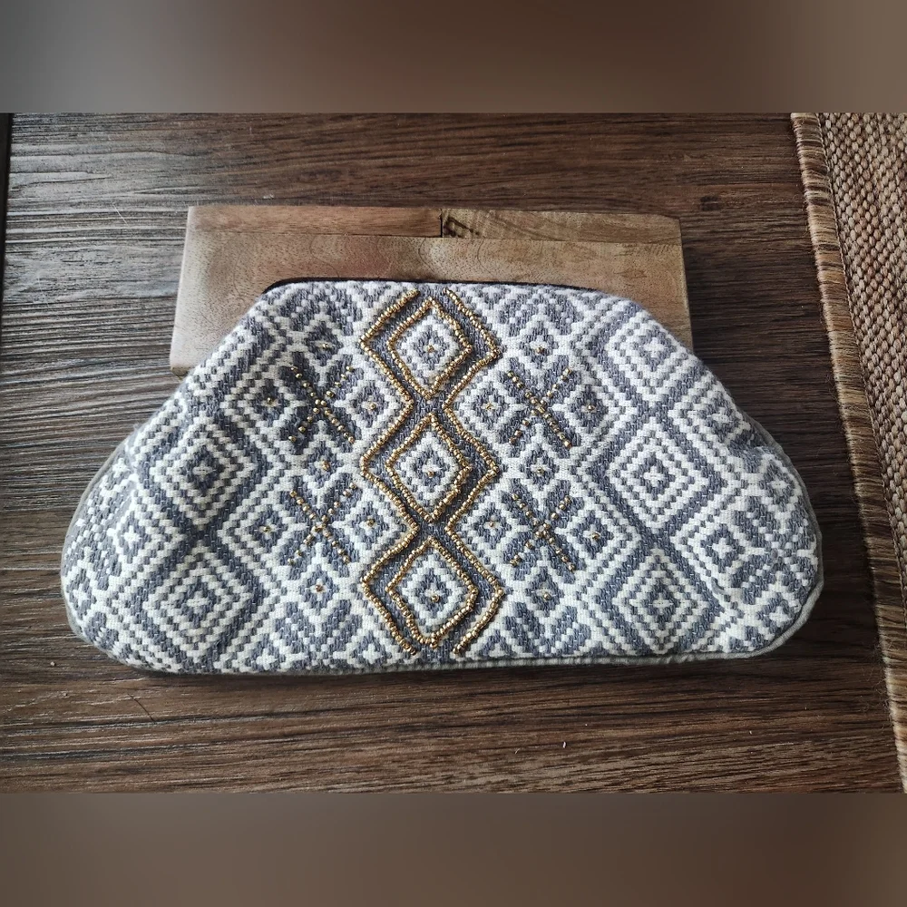Boho Beaded Gray & White Geometric Clutch